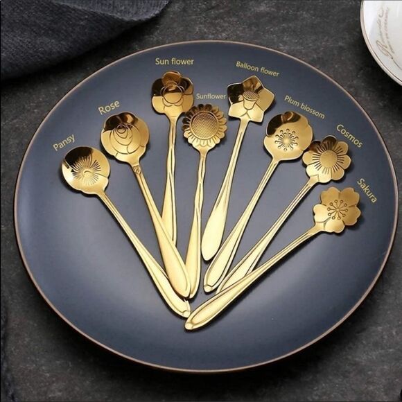 Silver Gold 8pcs Stainless Steel Flower Spoon Set - Picture 13 of 16